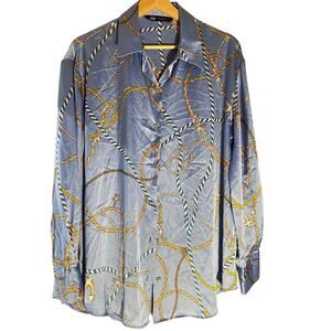 Zara Satin Rope Print Blouse Blue Nautical Anchor Shirt Size M
